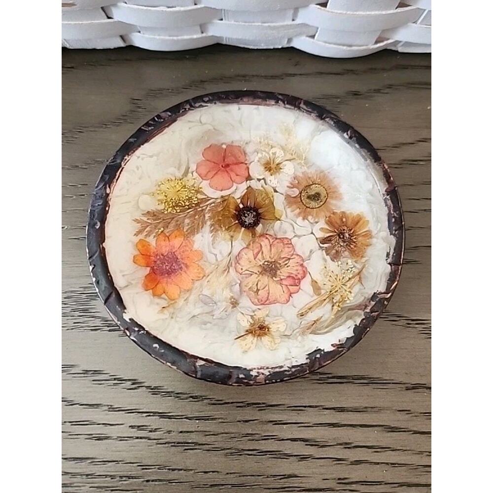 Vintage Pressed Flower Lucite Trinket Dish 1970s Decor Vanity Floral 5”